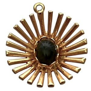 Gold Tone Starburst Pendant with Jade Center Stone 1” pre owned